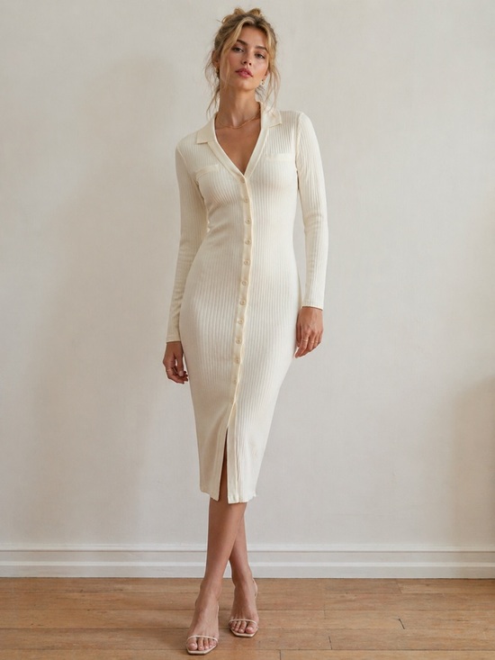 H&M Dresses & Skirts - H&M Ribbed Button-Front Midi Dress in Cream